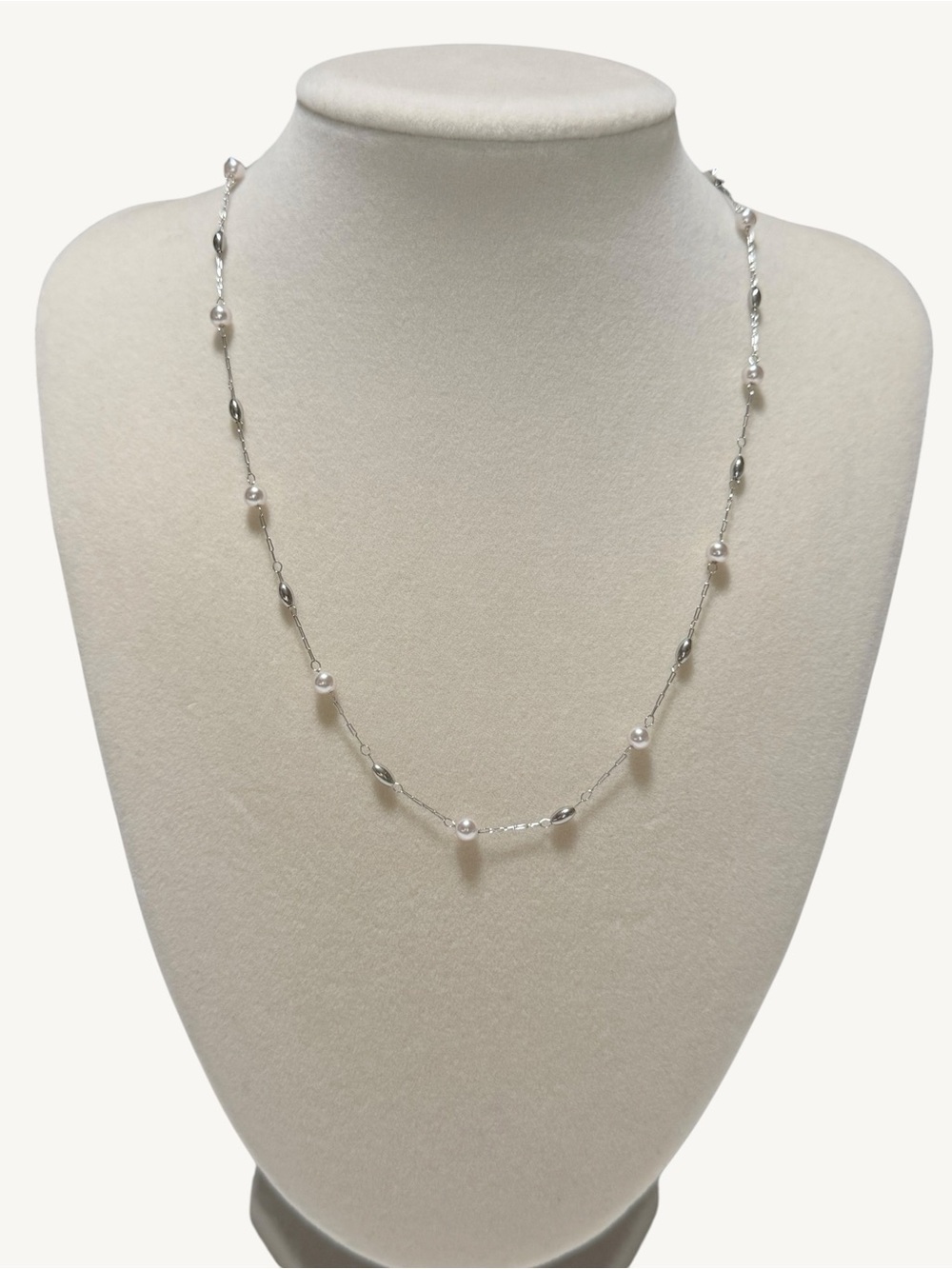 Silver Pearl Station Dainty Necklace Stainless Steel Dainty Layering 16” - Picture 2 of 5